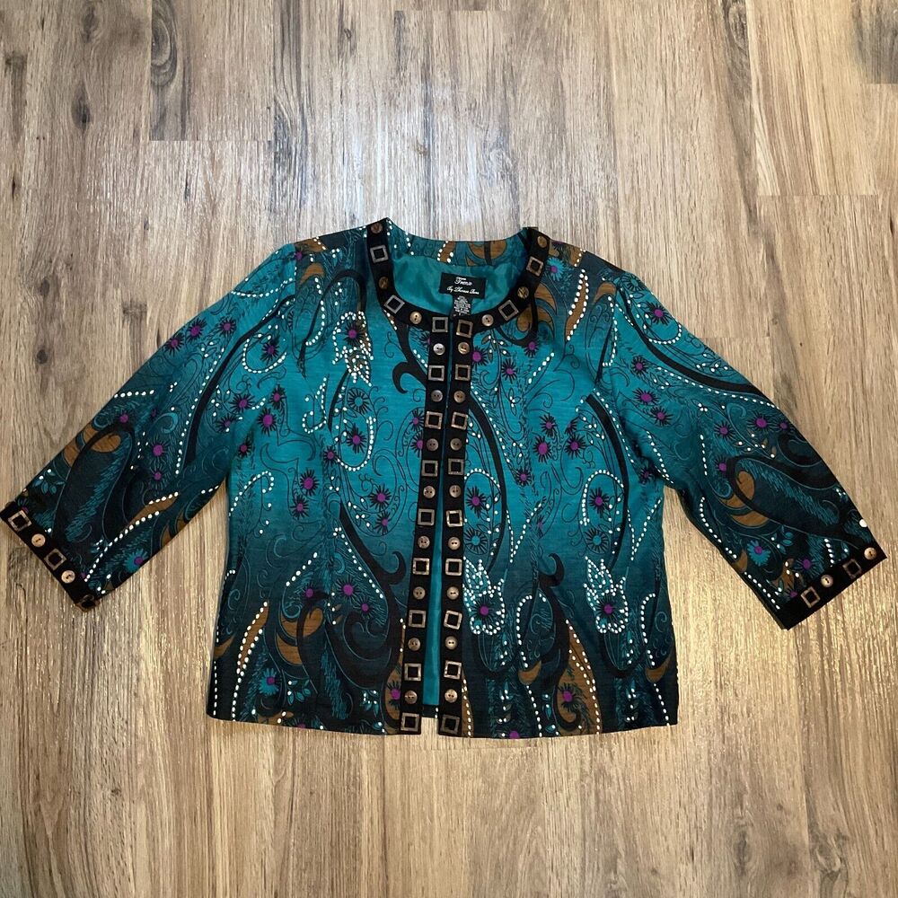Trenz by Theresa Renz Silk Cardigan Artsy‎ Floral Jacket Wood Buttons Size Large